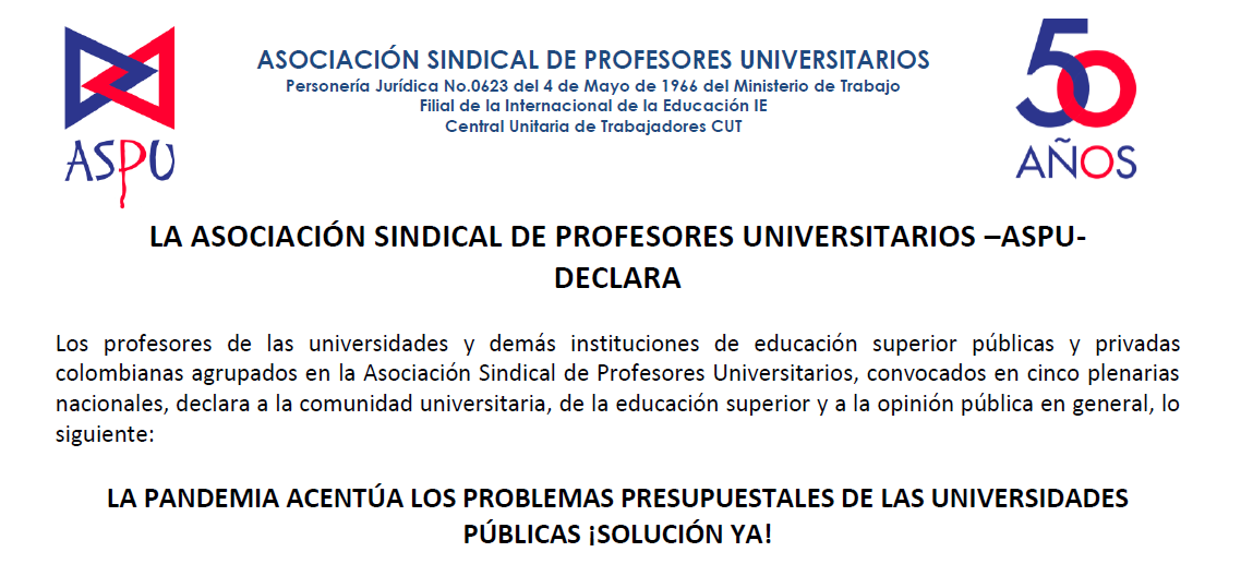 ASPU denuncia situación de desfinanciamiento en universidades colombianas