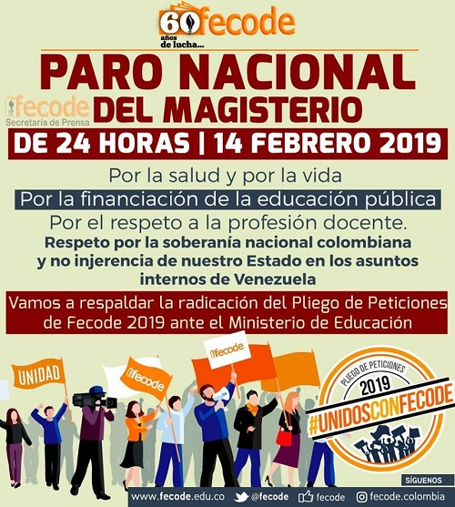Colombia: Fecode convoca a paro nacional el 14 de febrero 